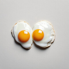 Two fried eggs on a white background. Top view.