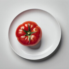 Red ripe tomato on a white plate. Top view.