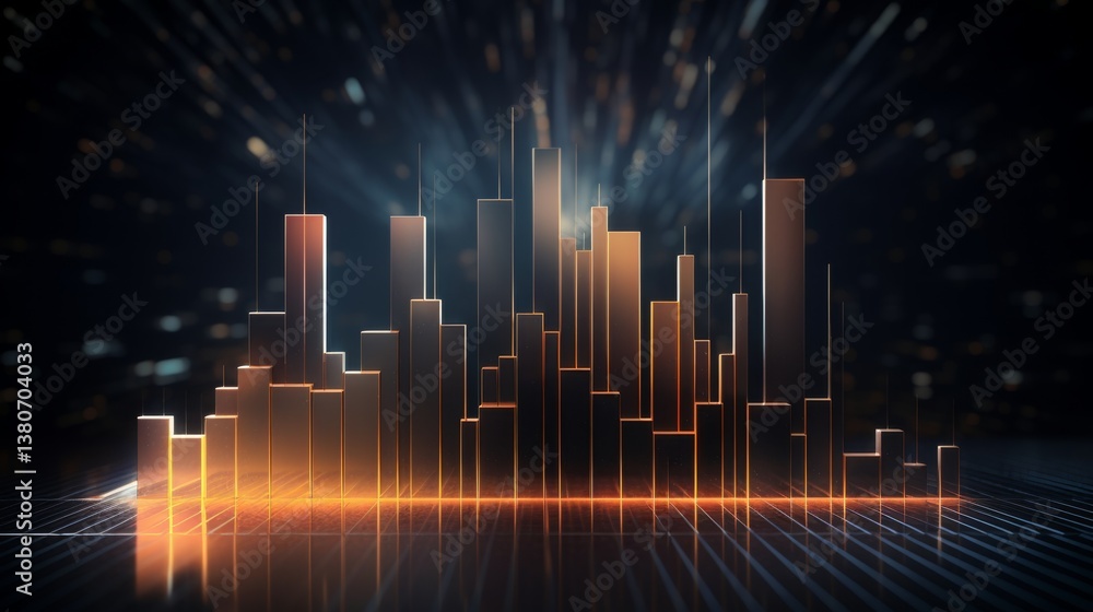 Aufkleber d bar graph with metallic gradient bars, floating on a dark futuristic background with soft glowing 