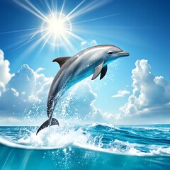 Obraz premium Dolphin Leaping from the Ocean Under a Bright Sunny Sky with Clouds