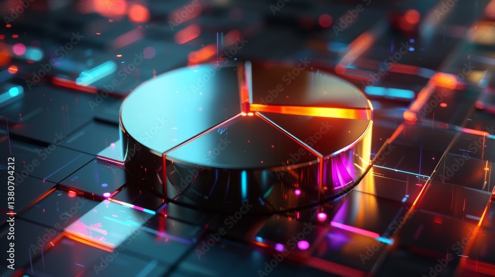 Aufkleber d pie chart with glossy metallic slices, floating on a futuristic dark background with soft glowing 
