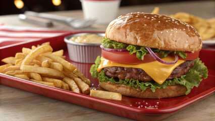 "A juicy, classic cheeseburger with crispy lettuce, fresh tomato, and a golden toasted bun, served with a side of perfectly salted French fries on a diner-style red tray."