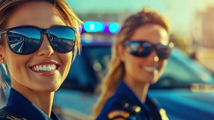 Two cheerful police officers in sunglasses smiling in front of a patrol car on a sunny day.