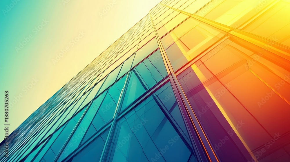 Poster looking up at a tall modern building with glass windows reflecting a gradient of colors.