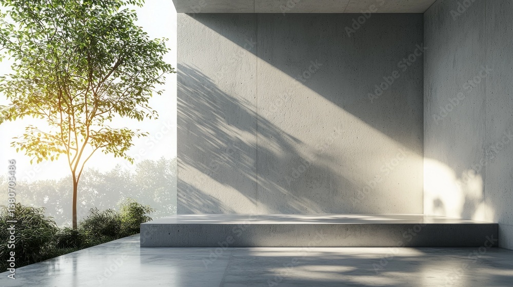 Poster bright sunlight filters through the bare concrete walls of a minimalist room, creating a tranquil at