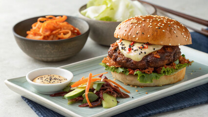 "A Korean BBQ burger with marinated bulgogi beef, spicy kimchi slaw, and sesame seed aioli, plated on a sleek ceramic dish with a side of pickled vegetables."