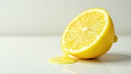 Lemon wedge cut on a white surface with juice dripping down, sour, wedge, citrus