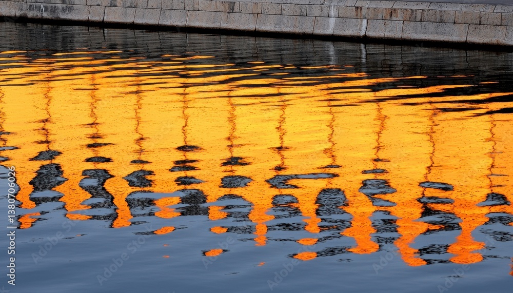 Poster serene sunset reflection on water creating golden ripples and patterns