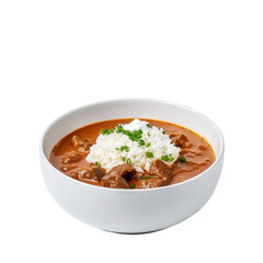 Delicious Bowl of Spicy Beef Stew with Rice and Chopped Green Onions on Clean Background