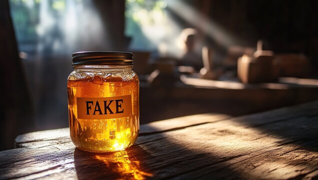 Fake Honey Jar on Rustic Wooden Table in Sunlit Workshop