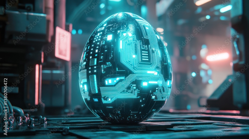 Aufkleber cyberpunk easter egg illuminated with intricate glowing circuit design on futuristic platform