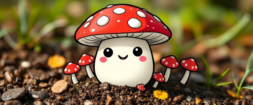 Niedlicher Pilz mit Gesicht und bunten Pilzen drumherum. Detailreiche Illustration auf realistischem Hintergrund. Ideal f&uuml;r M&auml;rchen- oder Naturthemen.