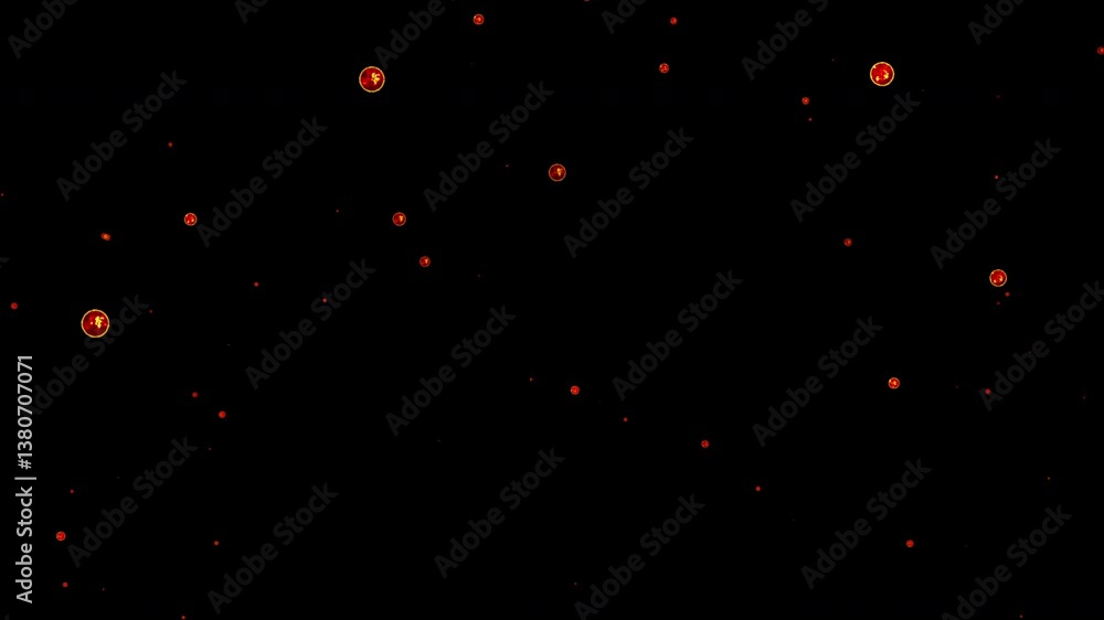 Poster loop glow red energy ball particles fire flow up animation on black abstract background. 4k 3d anima