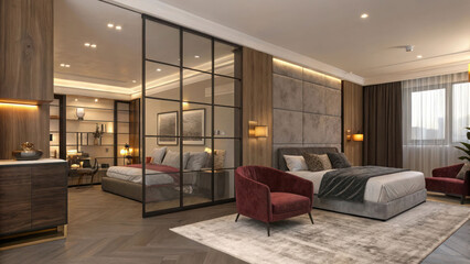 "A luxurious modern studio apartment with a chic bedroom separated by a glass partition, a cozy lounge area with velvet furnishings, and warm ambient lighting."