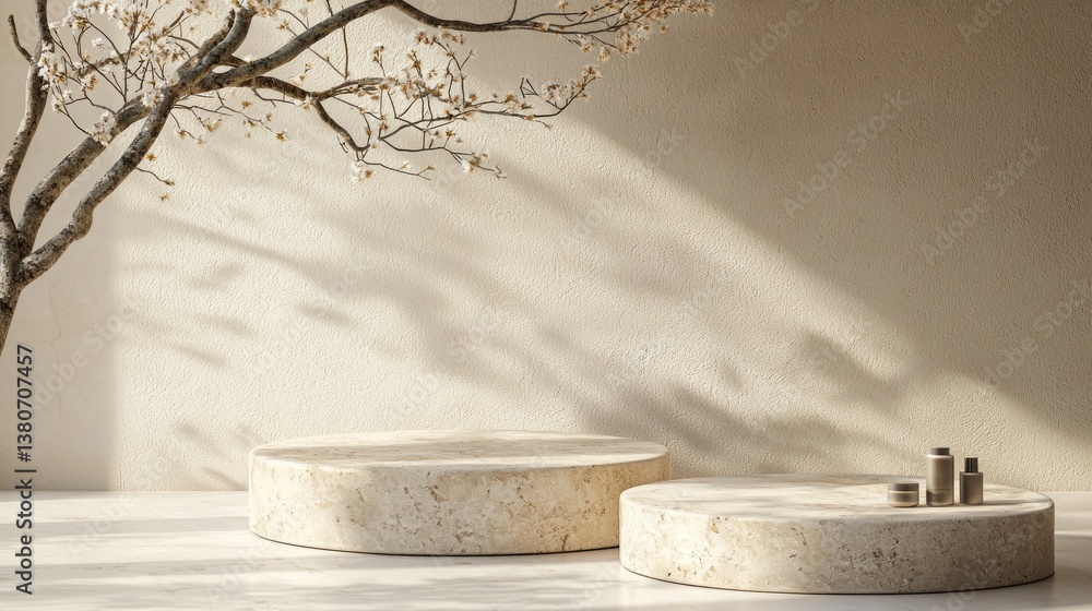 Poster in a tranquil setting, elegant stone podiums rest on a light surface, bathed in soft sunlight