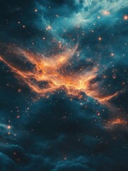 A breathtaking cosmic scene featuring vibrant orange and blue nebulae swirling amidst a starry background, evoking a sense of wonder and exploration in the vast universe