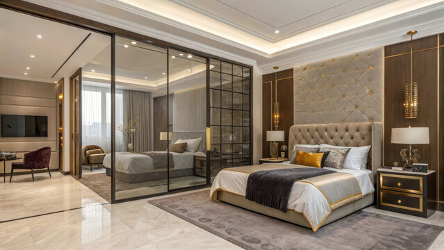 "A luxurious modern studio apartment with a king-sized bed, velvet furnishings, gold accents, and a large glass partition separating the bedroom from the living space."