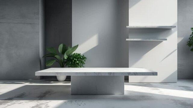 Background wall shadow in a kitchen with a grey and white abstract concrete floor. Displaying a table with white texture and light texture in a marble room mockup. Featuring plant elements, cement