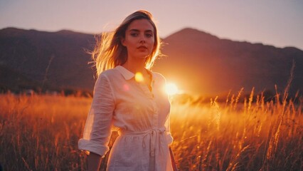 Obraz premium A person stands in a green field with the sun setting in the background, with long shadows and warm light