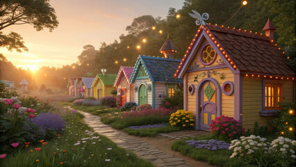Fototapeta premium A magical garden filled with tiny houses painted in rainbow colors, surrounded by whimsical flowers. The golden glow of the setting sun casts a warm, enchanted light over the colorful houses,