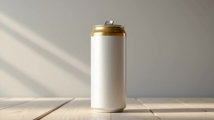 Aluminum 330 ml slim can placed on a wooden table. Design mock-up for a beverage. - Powered by Adobe