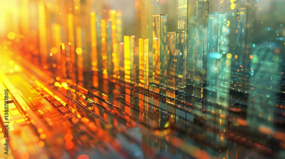 Aufkleber d bar graph with floating glass-textured bars, reflecting market data on a digital interface