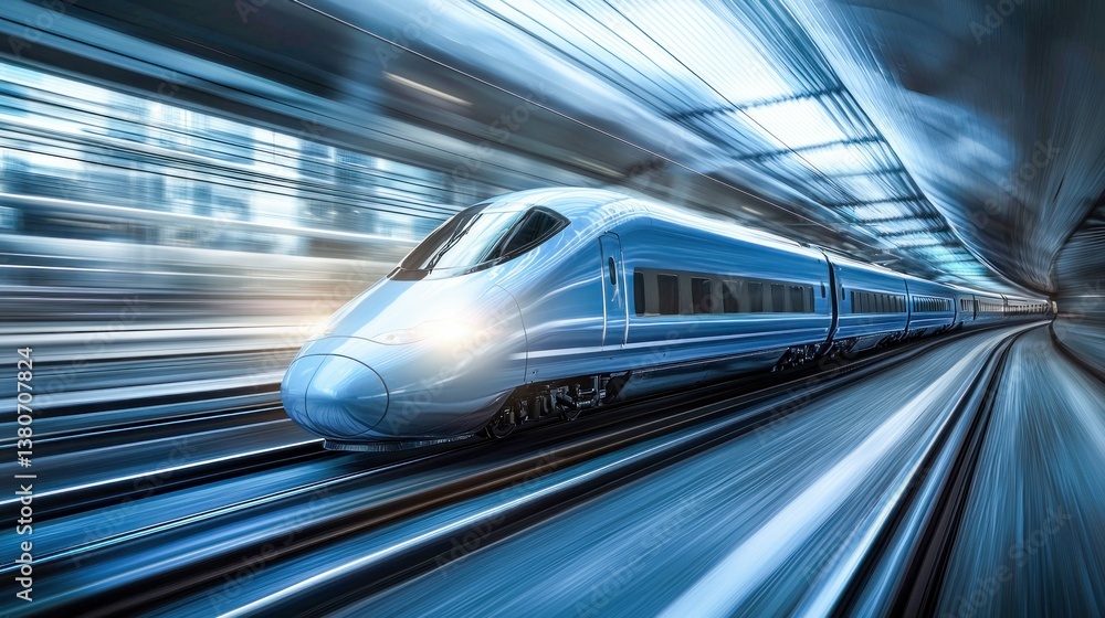 Poster dynamic image of a high-speed train speeding through a futuristic tunnel at high velocity.