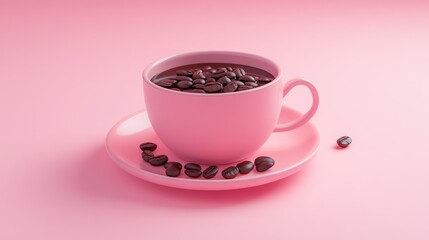Pink coffee cup, beans, saucer, pink background, minimalist food photography