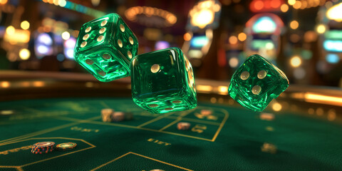 Three green glass dice roll across a casino craps table, blurred lights in background, symbolizing chance, luck, and gambling