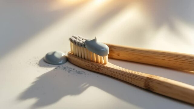 Bamboo toothbrush against a white backdrop. Eco-friendly wooden toothbrush. Organic toothpaste.