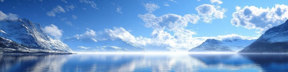 A serene winter landscape showcasing a tranquil lake reflecting snow-capped mountains under a bright blue sky with fluffy clouds, ideal for nature-themed projects and backgrounds