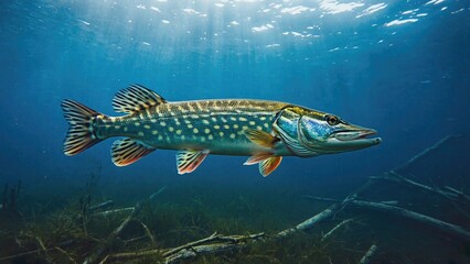 Naklejka premium Large fish swimming in the water, great for use in scenes about marine life or ocean exploration