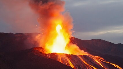 A large column of molten rock rises from the top of a volcanic mountain, with ash and gas surrounding it