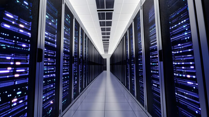 High tech data center filled with server racks illustrating digital technology and computing power 
