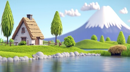 Idyllic Low Poly Cottage by a Lake with Mountain View