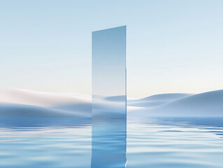 A vertical rectangle stands above the surface of the blue water area, surrounded by undulating sand dunes. The background tone is soft and the design style is simple. The composition is symmetrical on