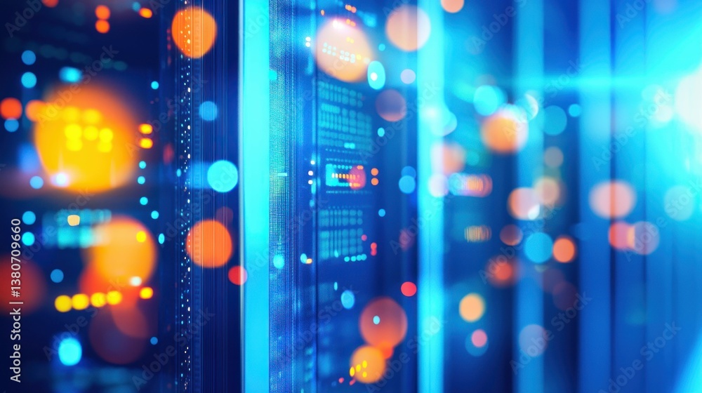 Poster data servers illuminated in a modern data center, showcasing network technology and connectivity.