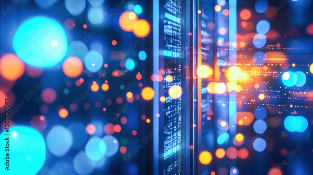 Poster digital abstract of a data center with server racks and blurred bokeh lights.