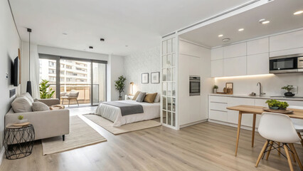 "A modern studio apartment with an open-concept bedroom and living space, featuring sleek white walls, light wood flooring, and Scandinavian-inspired furniture in a neutral color palette."