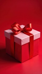 Obraz premium Elegant gift box with satin ribbon, red background, shiny, macro