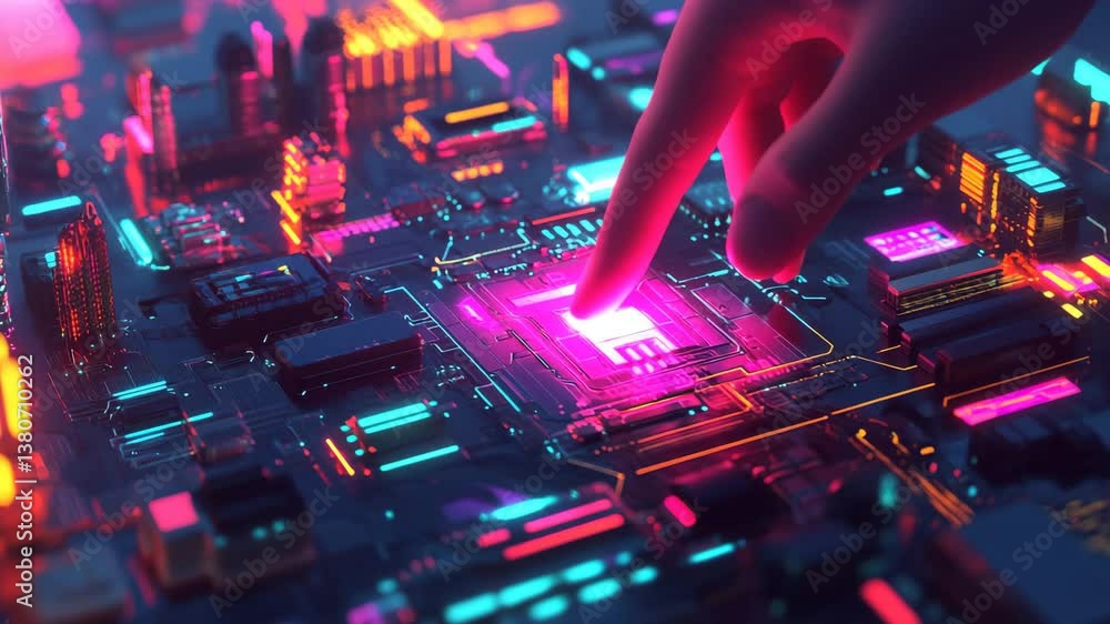 Poster digital interface with neon colors and intricate chip design generative ai