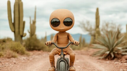Tan Alien Figurine on Bicycle in Desert Landscape