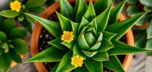 Succulent aloe vera plant in terracotta pot, thick green leaves & yellow blossoms, nature, stock