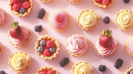 Naklejka premium A soft pastel D pattern of fruit tarts, clairs, and mousse cups, with detailed textures and subtle shadows, perfect for a wallpaper design