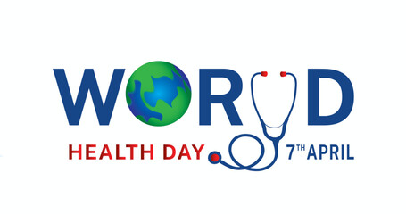 world health day with earth, stethoscope, heart, apple, heart beat, typography with gradient blue and Wight  background	