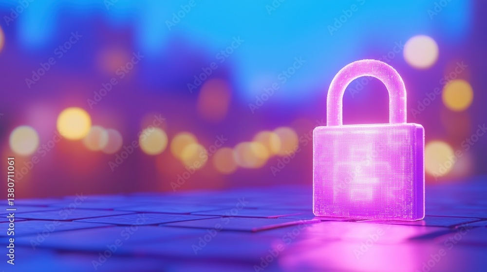 Poster a glowing pink padlock sits on a surface, surrounded by soft, blurred lights, creating a secure and 