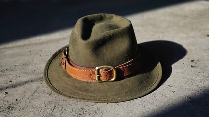 A green hat worn with a brown belt, suitable for casual or outdoor use