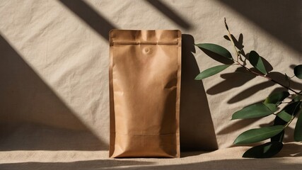 Stylish brown paper pouch filled with organic product placed against a textured backdrop with soft lighting