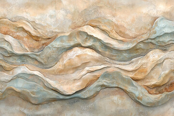 Fototapeta premium An abstract fluid art piece with marbled peach and beige tones accented by metallic blue highlights in a smooth, organic flow with 3D textures
