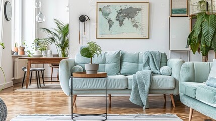 Fototapeta premium This stylish and cozy modern living room showcases vibrant green accents complemented by beautiful artwork